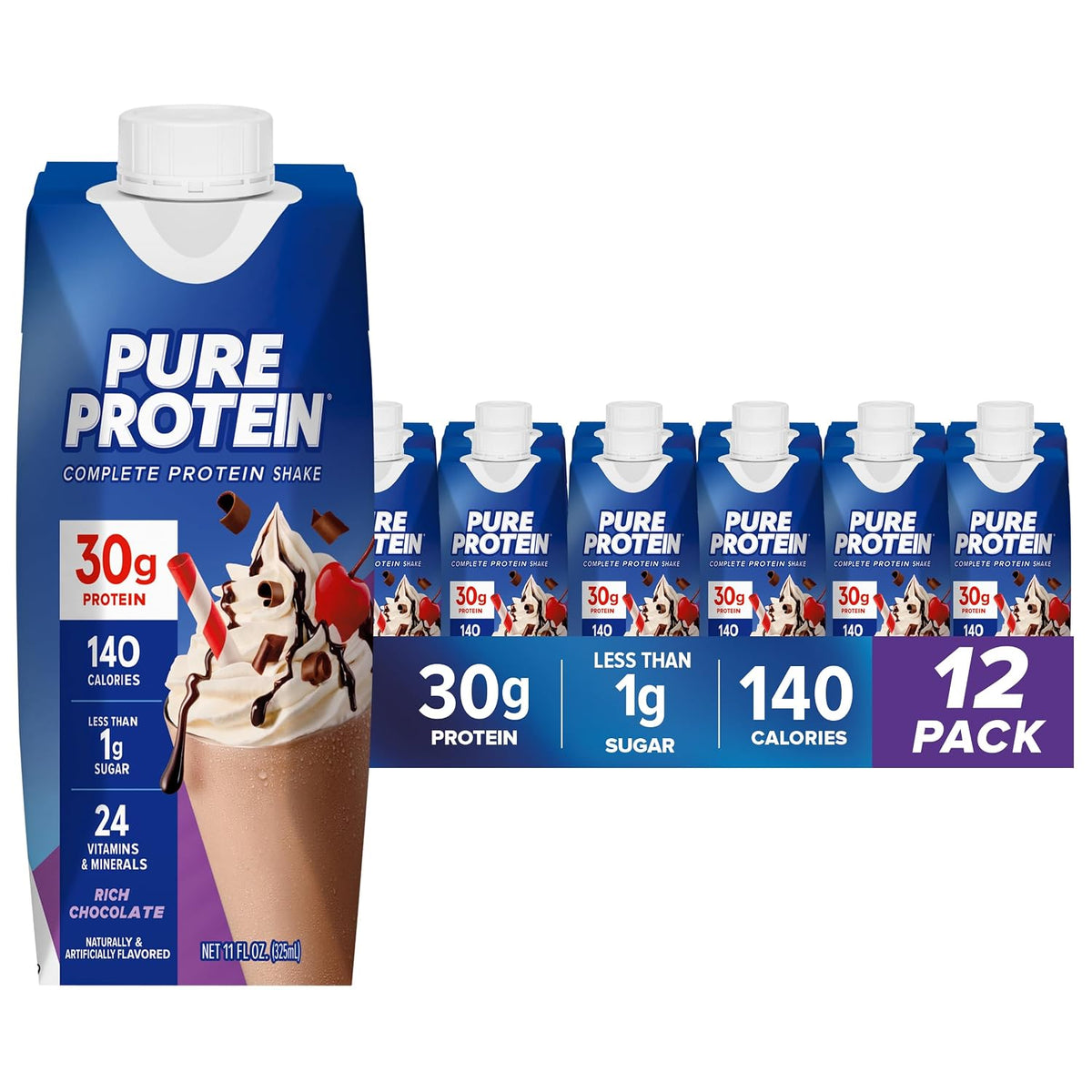 Pure Protein Chocolate Protein Shake, 30g Complete Protein, Ready to Drink and Keto-Friendly, Vitamins A, C, D, and E plus Zinc to Support Immune Health, 11oz Bottles, 12 Pack