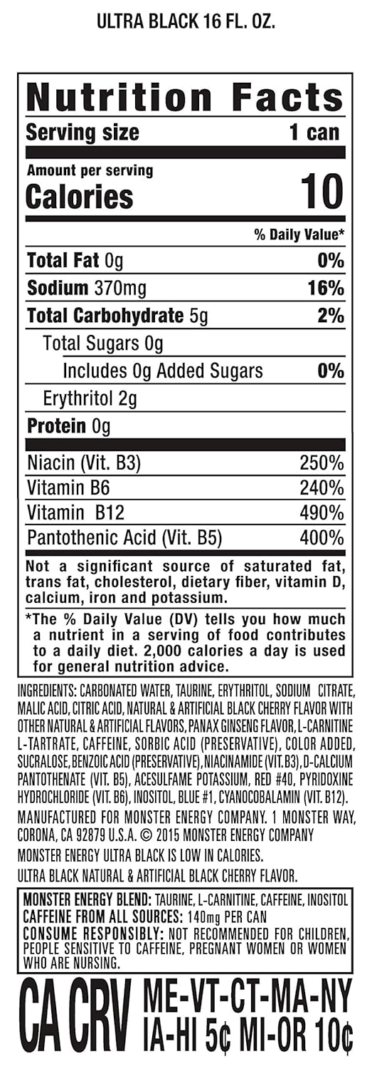 Monster Energy Ultra Black, Sugar Free Energy Drink, 16 Ounce