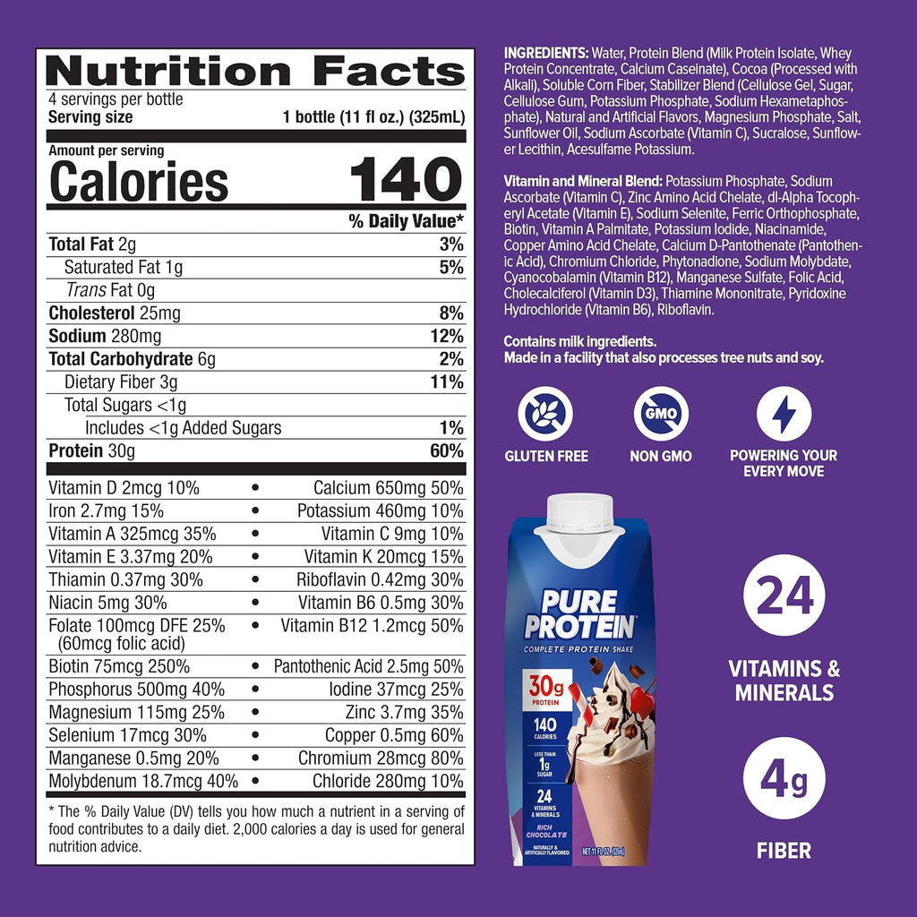 Pure Protein Chocolate Protein Shake, 30g Complete Protein, Ready to Drink and Keto-Friendly, Vitamins A, C, D, and E plus Zinc to Support Immune Health, 11oz Bottles, 12 Pack