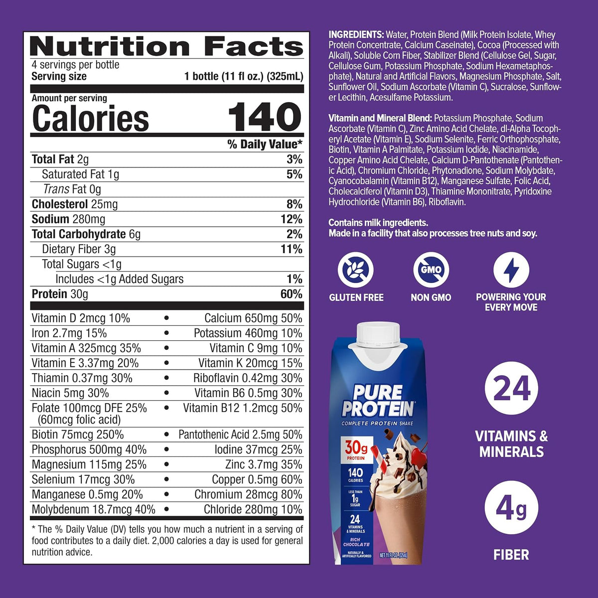 Pure Protein Chocolate Protein Shake, 30g Complete Protein, Ready to Drink and Keto-Friendly, Vitamins A, C, D, and E plus Zinc to Support Immune Health, 11oz Bottles, 12 Pack